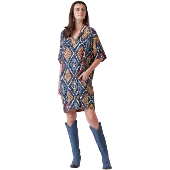 Double D Ranch Pecos Blanket Shift Dress Linen Western Short Sleeve V Neck XS - Picture 2 of 7